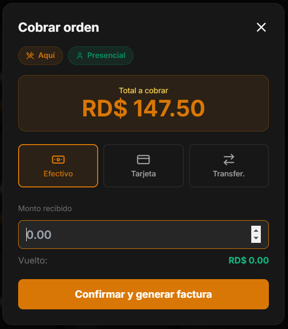 Modal de cobro con métodos de pago: Efectivo, Tarjeta, Transferencia