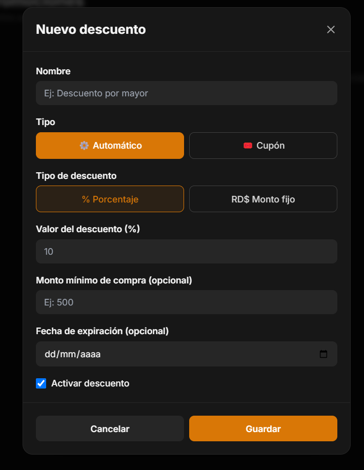 Modal de crear nuevo descuento con tipo Automático o Cupón
