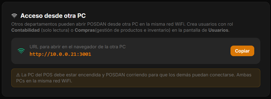 Sección Acceso desde otra PC con URL para copiar y advertencia de WiFi
