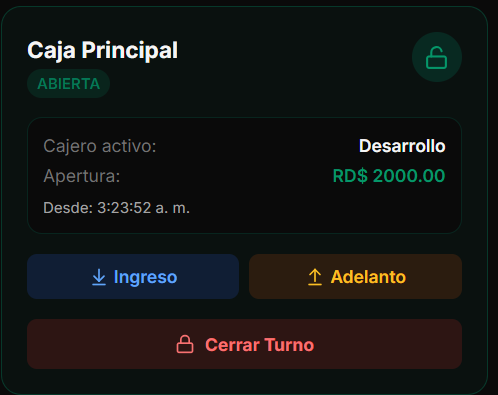 Turno activo con botones de Ingreso, Adelanto y Cerrar Turno