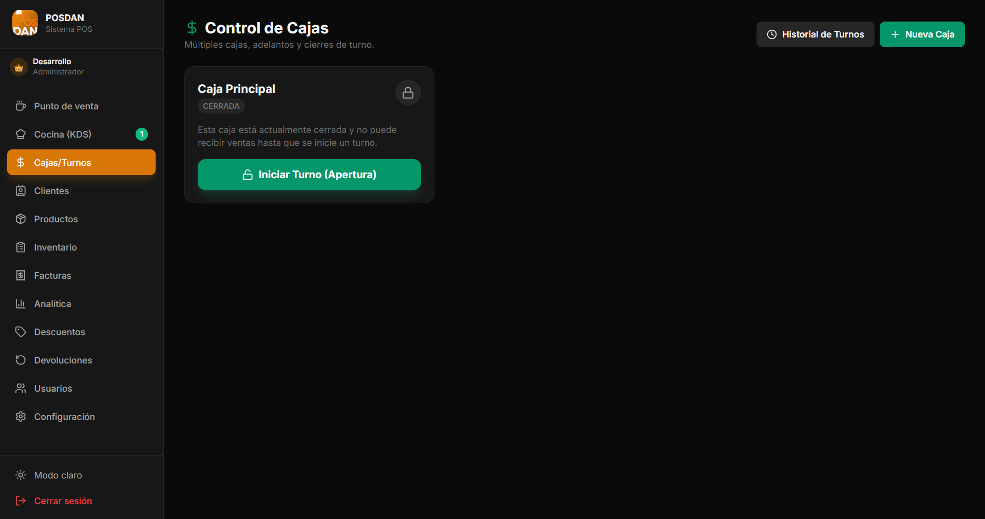 Pantalla de Cajas — caja cerrada lista para iniciar turno