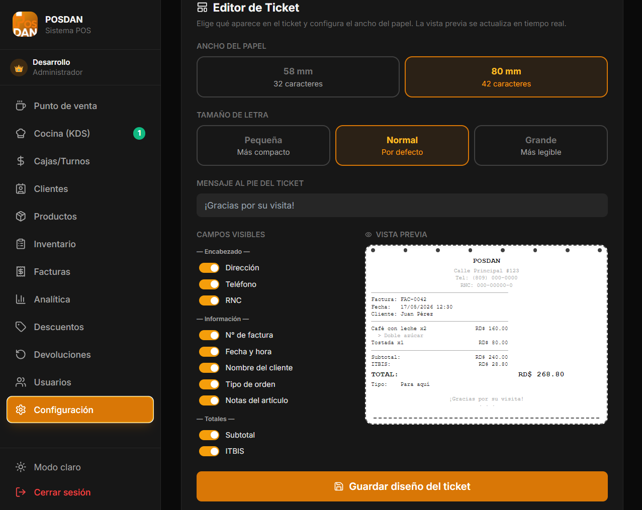 Editor de Ticket con ancho de papel, tamaño de letra y vista previa
